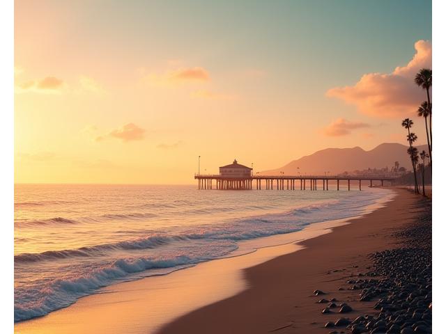 Scenic view of Santa Monica coastline with palm trees, reflecting the vibrant wellness community.