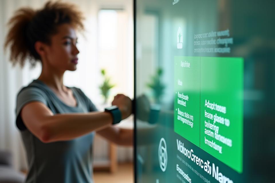 A split screen showing a person exercising with a smartwatch, and on the other side, an AI coaching interface displaying adaptive workout routines, nutrition plans, and motivational messages, with subtle green highlights.