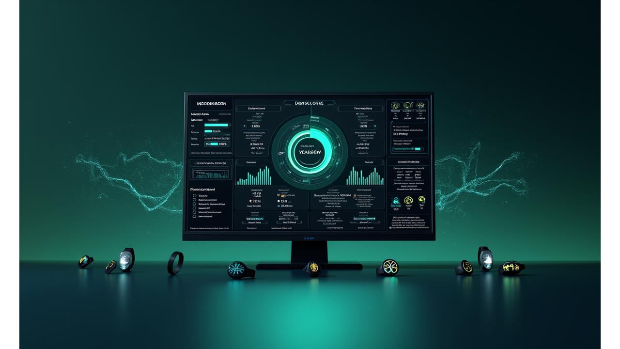 Vigor Bloom AI dashboard showing real-time health insights, predictive analytics, and connections to various wearable devices like smartwatches and fitness trackers. Data visualizations glow subtly, indicating intelligent processing.