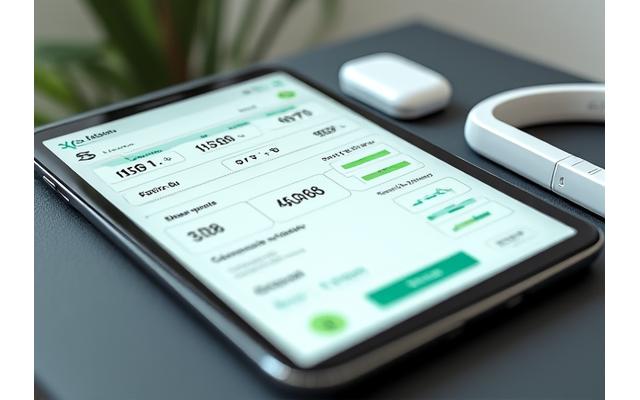 A detailed biometric monitoring dashboard showing real-time heart rate, sleep cycles, activity levels, and stress indicators on a tablet, with customizable threshold settings clearly visible. The interface uses green and blue tones.