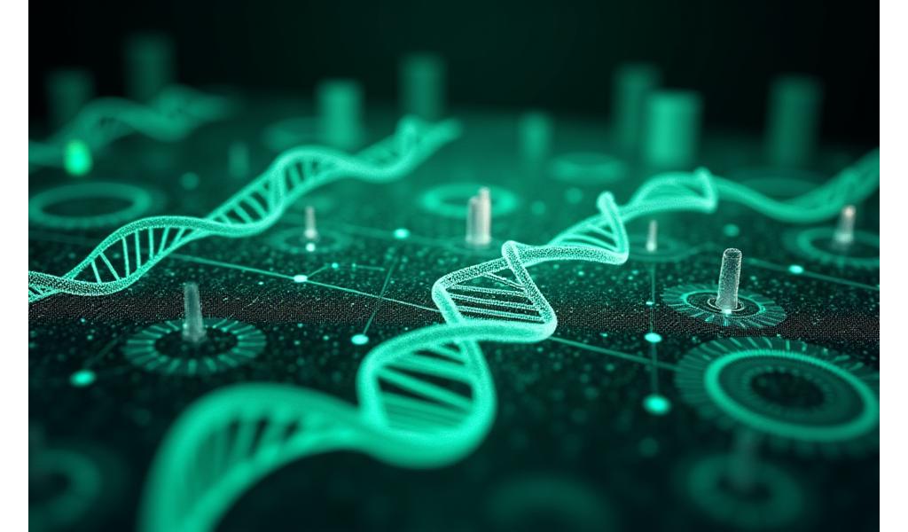 A futuristic holographic interface displaying a timeline of emerging wellness technologies, including advanced bio-sensors, personalized genomics, and interconnected health ecosystems. Subtle glowing lines connect future concepts to present data, set against a dark, sophisticated backdrop.