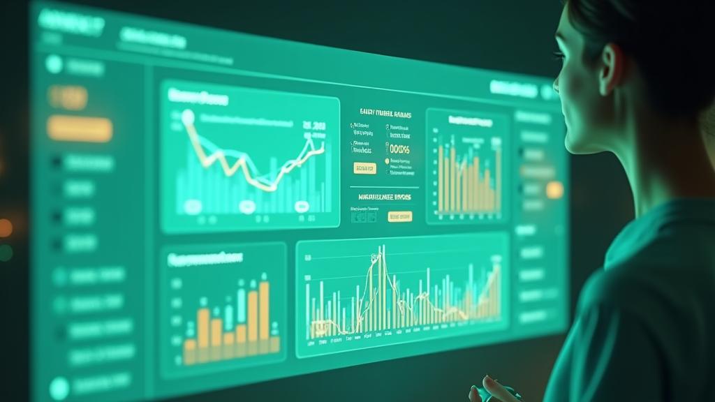 A vibrant dashboard displaying predictive health charts with upward and downward trend lines, smart recommendation cards for diet and exercise, and illuminated icons indicating early warnings for stress and fatigue. The interface is clean and engaging.