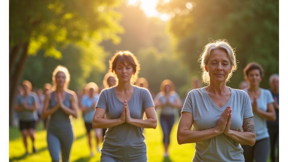 A diverse group of adults in their mid-30s to 50s participating in a mindful yoga session outdoors, bathed in natural morning light.