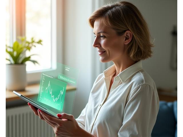 A woman in her late 30s smiling while reviewing her personalized wellness dashboard on a tablet, with subtle health metrics overlays.