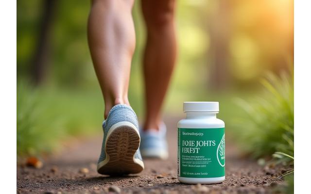 Bottle of joint support supplement alongside knees of an active person