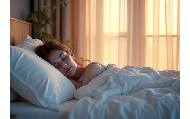 Person sleeping peacefully on a comfortable bed in a serene environment