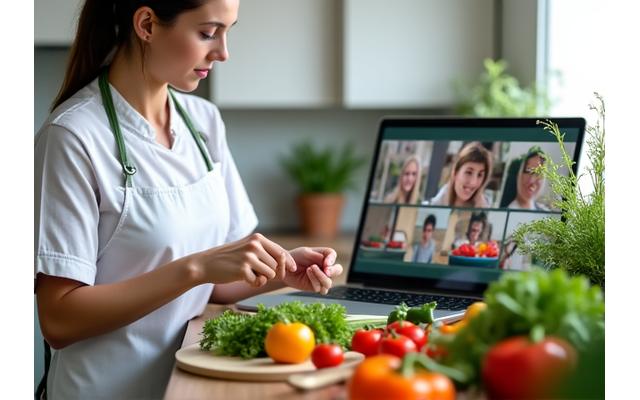 Nutritionist leading an online healthy cooking class