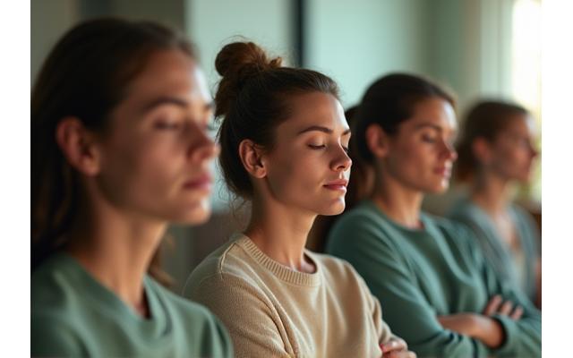 Group engaging in a guided mindfulness meditation online