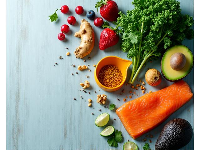 An overhead shot of an array of colorful, nutrient-dense fruits and vegetables artfully arranged on a light background, representing the science of longevity nutrition.
