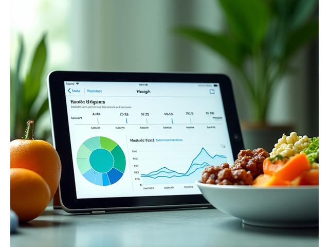 Close-up of a vibrant, healthy meal with data overlay demonstrating metabolic tracking on a tablet next to it, symbolizing personalized nutrition and metabolism insights.