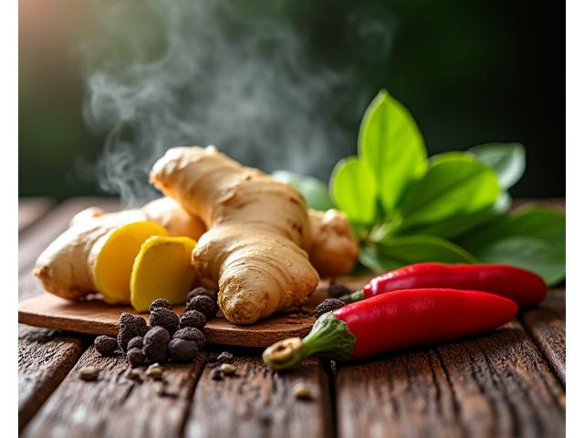 A dynamic close-up of fresh ginger, green tea leaves, and chili peppers on a wooden board, with steam subtly rising, symbolizing natural metabolism-boosting ingredients.