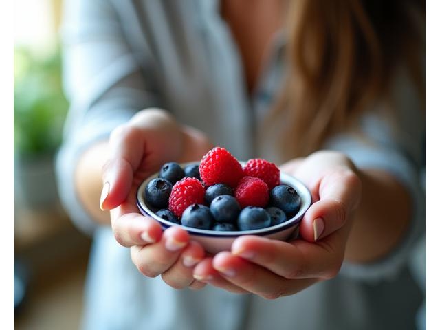 A person delicately holding a bowl of fresh berries, eyes closed slightly with a serene expression, illustrating mindful eating practices in a soft, natural light setting.