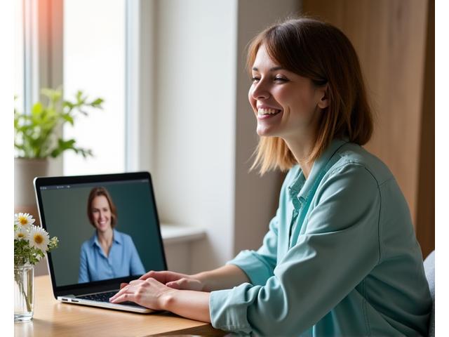A friendly, professional female dietitian smiling and taking notes while engaging in a virtual consultation with a client on a laptop screen, symbolizing expert nutrition coaching.