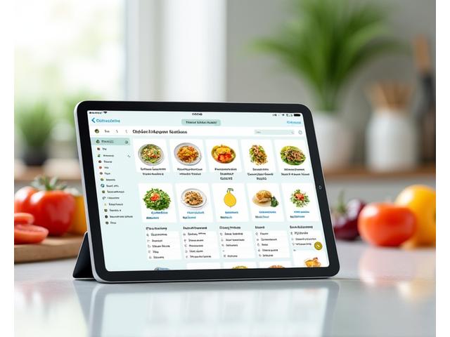A tablet displaying an intuitive meal planning app interface with vibrant food icons and a generated shopping list, illustrating AI-powered personalized nutrition.