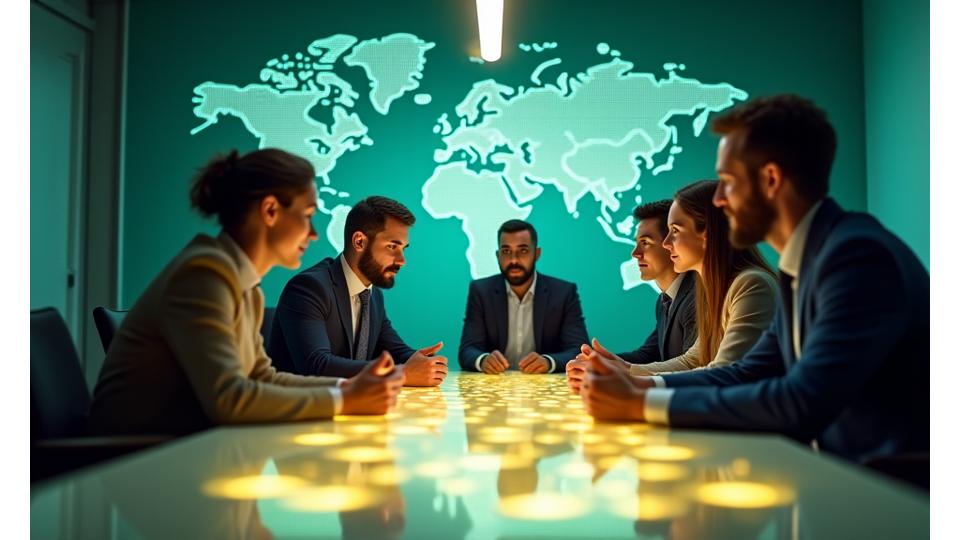 Diverse group of professionals collaborating around a table with a global digital overlay