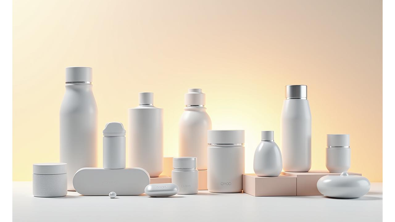 Diverse array of wellness products, including supplements, smart water bottles, and mindfulness aids, arranged on a modern, clean surface with a subtle glow representing personalization.