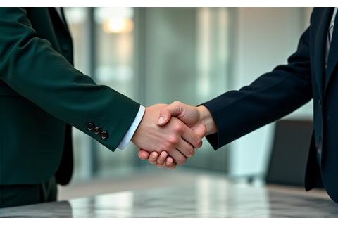 Two professionals shaking hands, implying partnership and collaboration
