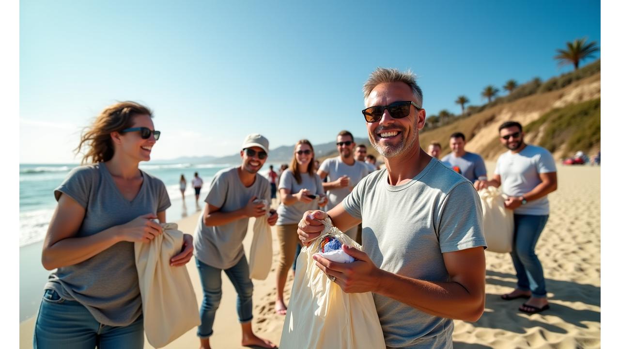 A group of diverse adults happily participating in a beach cleanup, collecting trash into reusable bags, with the Santa Monica coastline in the background.