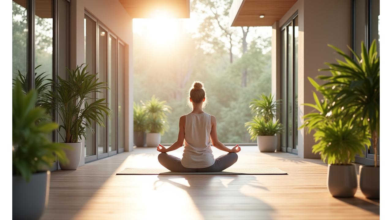 A person stands on a spacious, minimalist patio, practicing gentle stretches, with lush green plants around and soft sunlight. Represents serene, integrated wellness.