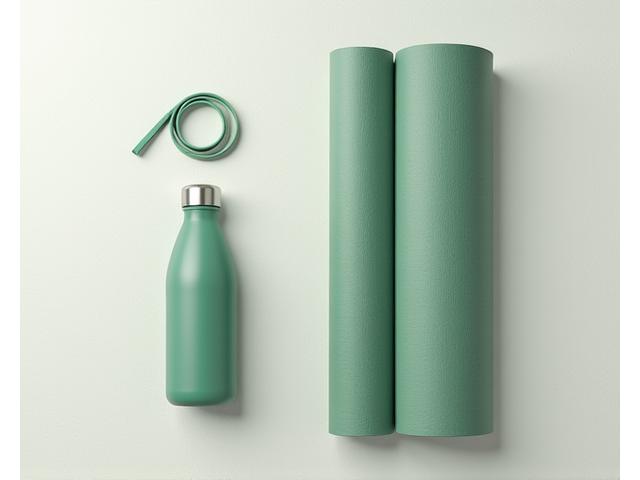 Yoga mat made from natural rubber, next to a water bottle made from recycled glass, against a clean, minimal background.
