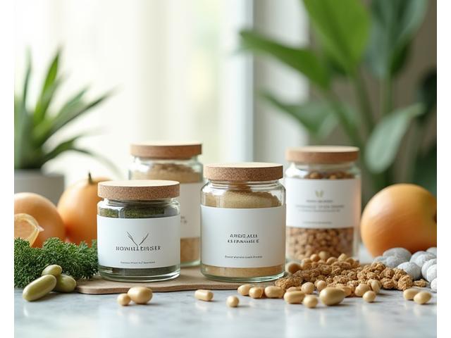 Glass jars of organic, plant-based supplements with compostable labels, on a light wooden surface.