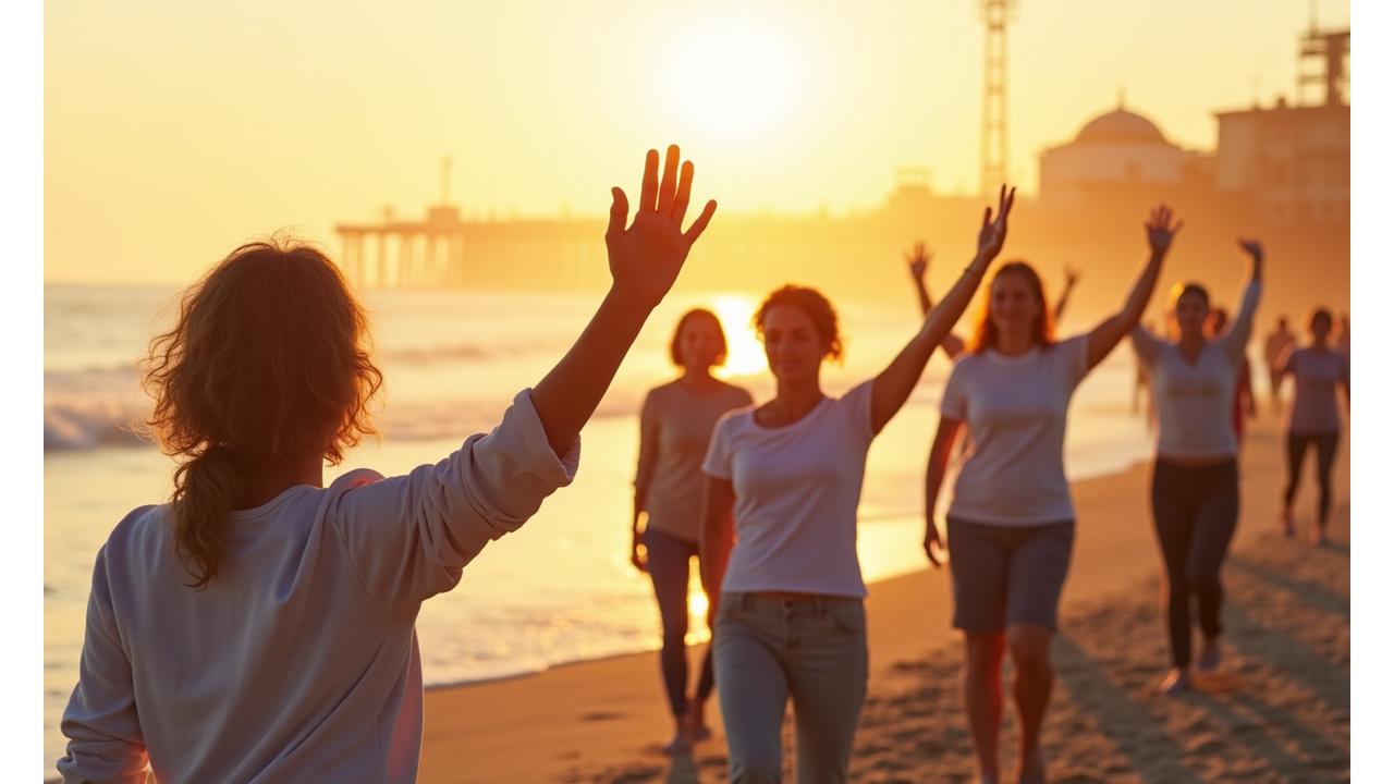 A diverse group of adults practicing yoga on Santa Monica beach at sunrise, with the ocean and pier in the background.