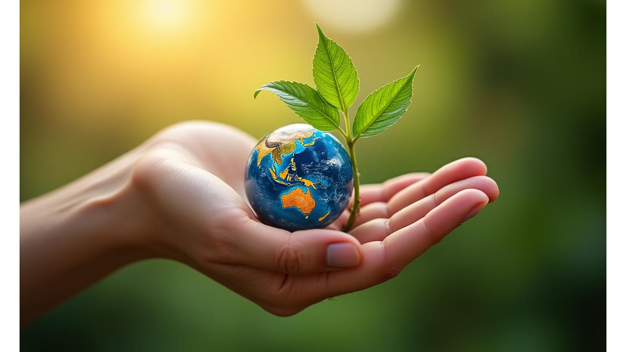 Vibrant green leaf held by a hand, with the Earth visible in the background, symbolizing the connection between personal health and environmental responsibility.