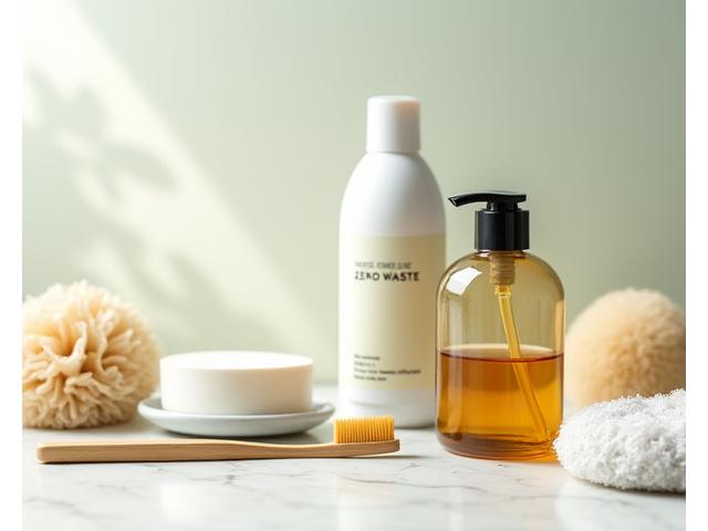 Collection of zero-waste personal care items, including bamboo toothbrush, solid shampoo bar, and refillable glass bottle, on a marble counter.