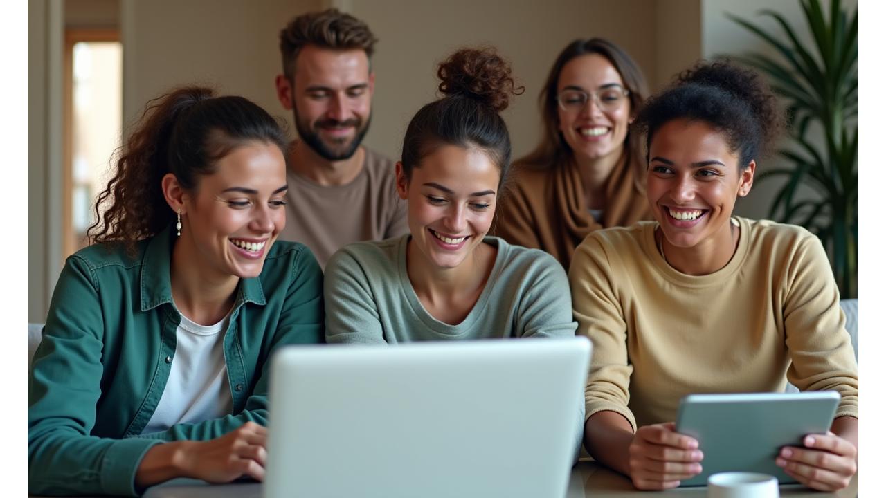 Diverse group of adults interacting happily in a vibrant online community forum, displaying health and vitality.