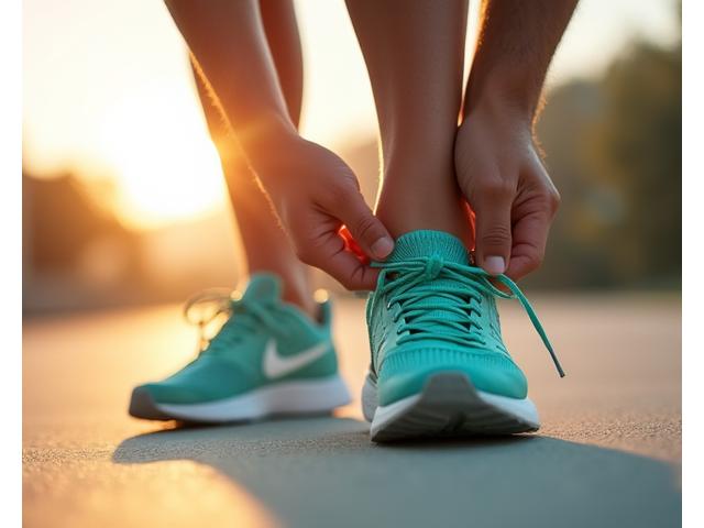 Person tying running shoes, subtly hinting at a morning run or intense workout.