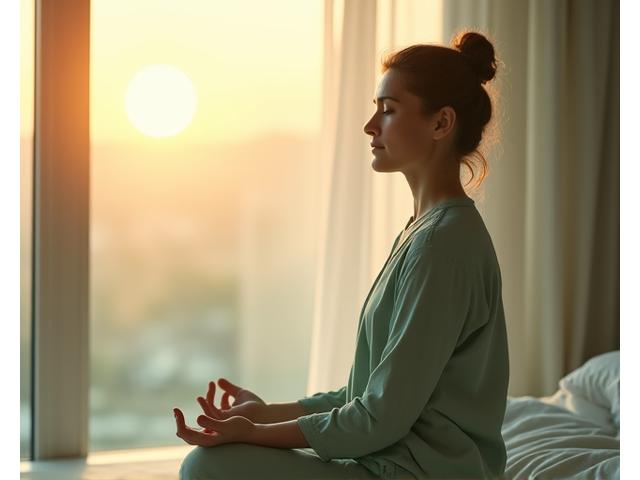 Someone calmly meditating with soft, warm light surrounding them, conveying serenity.