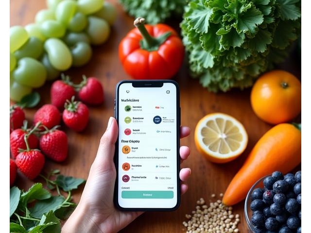 Vibrant, fresh produce artfully arranged around a smartphone displaying a health app.