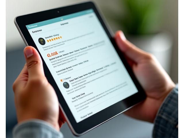 Close-up of hands holding a tablet displaying a product review page with star ratings and comments.
