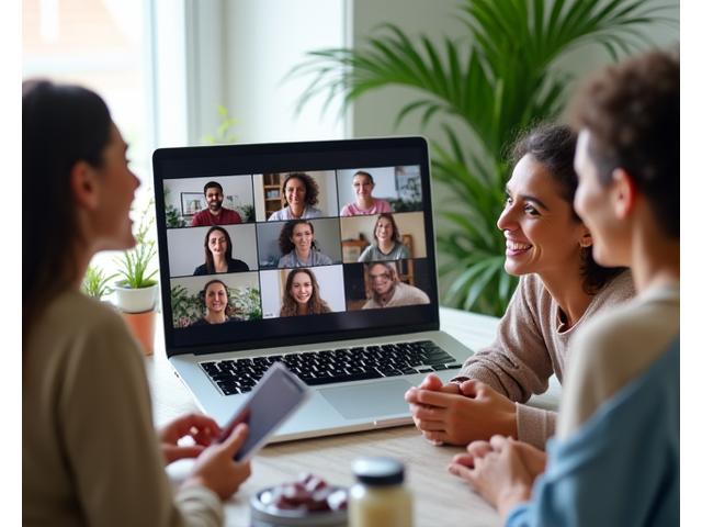 Multiple diverse adults on video calls, smiling and interacting in a virtual community setting, symbolizing connection and shared wellness goals.
