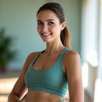 Portrait of Sophia Chen, a certified fitness trainer specializing in functional movement for adults, demonstrating a gentle stretch.