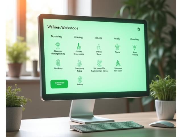 Interactive calendar displaying upcoming virtual wellness workshops on stress management, nutrition, fitness, sleep, and healthy aging with time zone options.